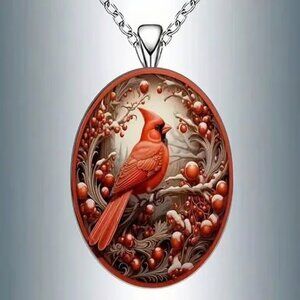Silver Oval Shaped CARDINAL Red Bird Pendant Necklace